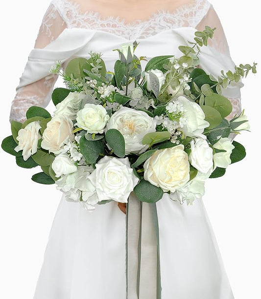 14 Inch White Bridal Bouquet,Wedding Bouquet,Bride Bouquets for Wedding Ceremony Anniversary, Party and French Rustic Vintage Wedding,Artificial Flowers