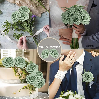 Artificial Flowers 50Pcs Elf Gree Roses Real Looking Foam Fake Roses with Leaves for DIY Wedding Bouquets Bridal Shower Centerpieces Party Decorations (Elf Green, 50)