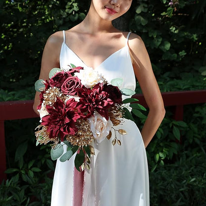 ponatia Artificial Flowers Wedding Flowers Combo for DIY Wedding Bouquets Party Decorations (Gold & Brugundy & Cream)
