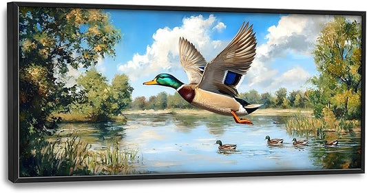 Farmhouse Duck Large Wall Art Framed Rustic Wall Decor for Living Room Lake Duck Hunting Pictures Oversized Canvas Print Painting Modern Extra Large Framed Artwork for Bedroom Office 60"x30"