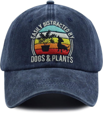 Easily Distracted by Dogs and Plants Hats, Adjustable Plant and Dog Decor Embroidered Baseball Cap for Men Women