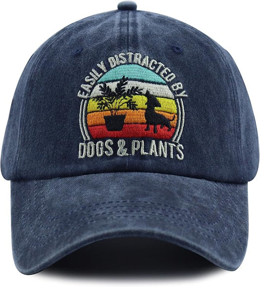 Easily Distracted by Dogs and Plants Hats, Adjustable Plant and Dog Decor Embroidered Baseball Cap for Men Women