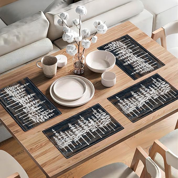 Rustic Tree Placemats Set of 6 Nature Forest Table Mats Washable Place Mats for Home Party Indoor Kitchen Dining Table Decoration 12x18 Inch