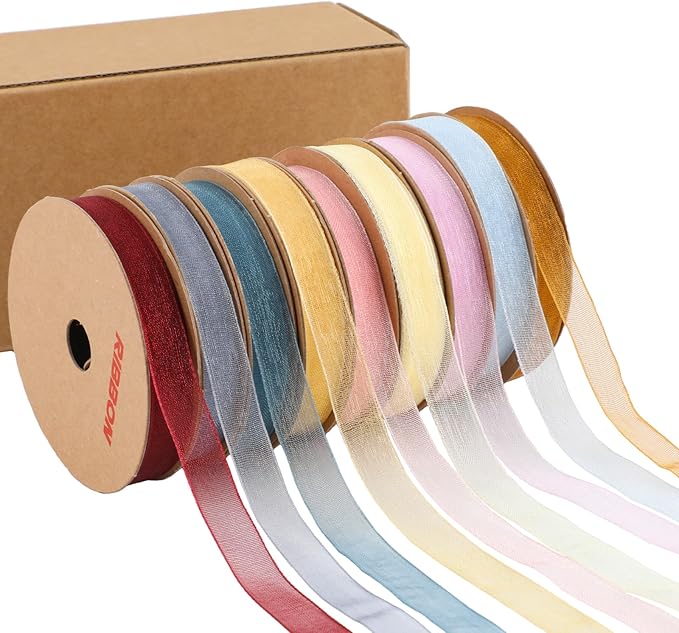 3/8" x 90 Yards Organza Ribbon Set 9 Rolls x 10 Yards Sheer Ribbon for Gift Wrapping Crafts Christmas Decorating, Embroidery, Crafting, Sewing,Wedding, Birthday Party, Holiday. (Mixed Color-1)