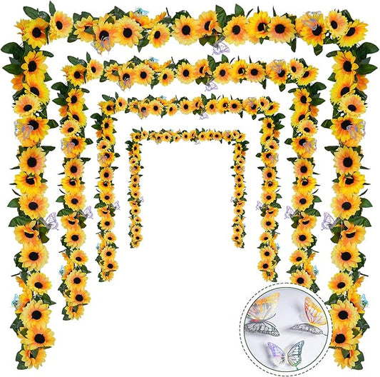 8 Pack Artificial Sunflower Garland Decor,Fake Sunflowers Outdoor Hanging Vines with Green Leaves,Silk Flower Garlands for Birthday Tables Centerpieces Party Wedding Decortions