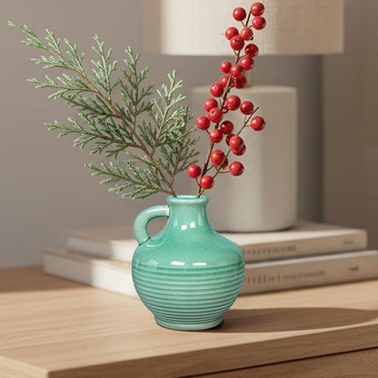 Sunddo Green Ceramic Vase 6 Inch - Small Decorative Vases with 1 Handle, Textured Modern Vase for Home Decor, Bathroom, Bedroom, Living Room, Centerpiece, Table Decor