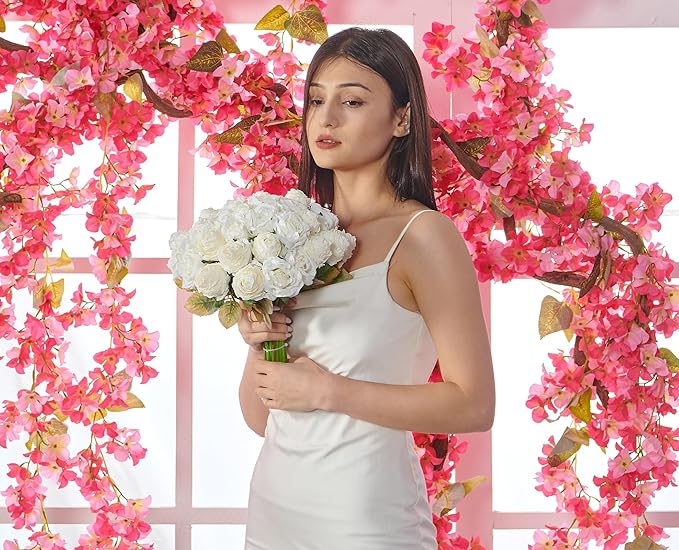Rose Artificial Flower 28pcs Realistic Faux Silk Roses Fake Flowers Bouquets Arrangements Decor for Wedding Spring Mother's Day, Home Table Decorations, White Flower