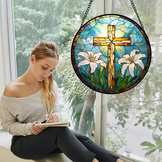 Christian Gifts for Women - Cross Stained Glass Window Hanging Jesus Easter White Lily Flower Sun Catcher Garden Religion Decor Mother's Day Catholic Gift for Men Grandma Mom Her Nana 15"