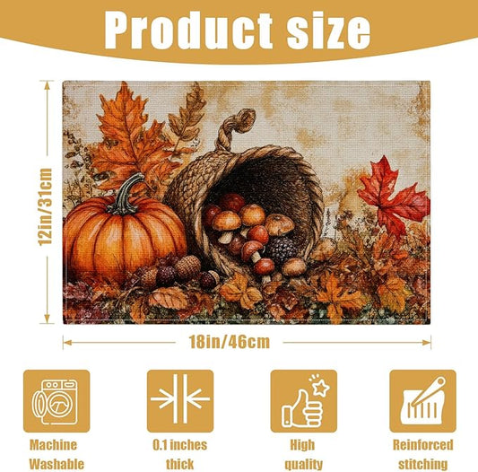 Fall Pumpkin Placemats Set of 6, Autum Mushroom Leaf Linen Place Mat Washable Stain Resistant Table Mats for Farmhouse Kitchen Dining Party Wedding Decor 12x18 Inch