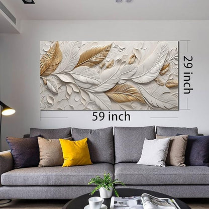 Feather Canvas Wall Art for Bedroom - White and Gold Pictures for Living Room - Modern Art Wall Decor for Office Size 29" x 59"