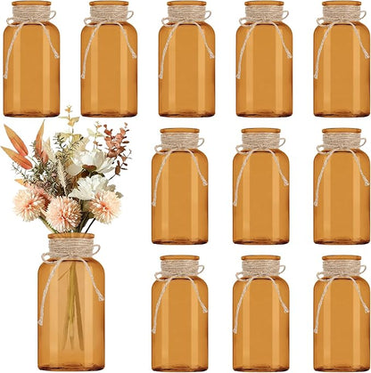 Vintage Glass Flower Vase，12 Pack Farmhouse Amber Gold Glass Centerpiece Vases Mason Jars for Weddings, Parties & Home Decor Bulk (12, Amber)