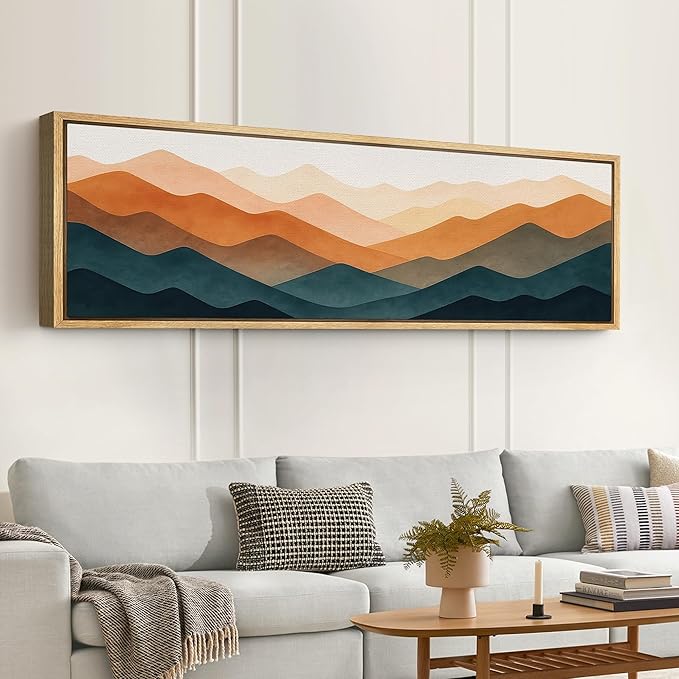 SIGNFORD Large Framed Canvas Print Wall Art Colorful Geometric Overlapping Mountains Illustrations Modern Art Relax/Calm Warm for Living Room, Bedroom, Office - 60"x20"