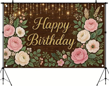 Rustic Wood Floral Birthday Backdrop Banner Pink Flower Wooden Happy Birthday Photography Background Women Girls Wedding Baby Shower Decor Party Decorations Photo Studio Props 6x4ft