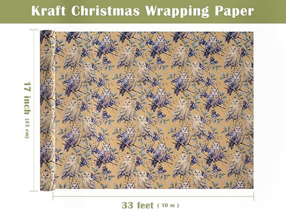 WRAPAHOLIC Kraft Christmas Wrapping Paper - Mini Roll - 17 Inch x 33 Feet - Owl Wrapping Paper Wild Animal Winterfall Watercolor Design for Christmas, Holiday, Party Celebration