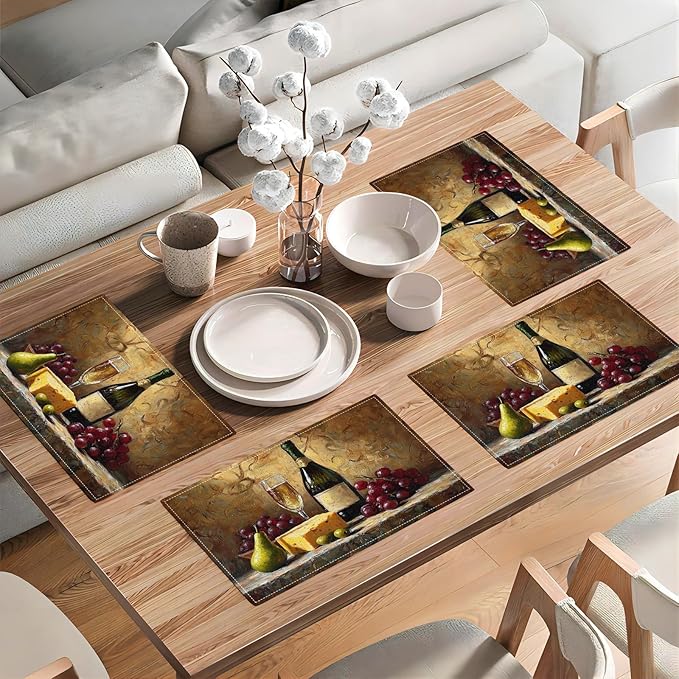 Wine Glass Placemats Set of 6, Rustic Country Winery Place Mats, Farmhouse Grape Dining Table Mats, Washable Placemats for Kitchen Dining Room Home Decor 18L'' × 12W''