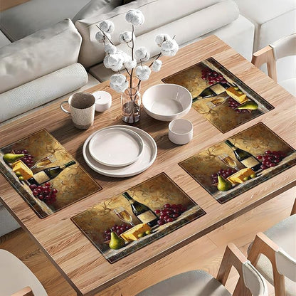 Wine Glass Placemats Set of 6, Rustic Country Winery Place Mats, Farmhouse Grape Dining Table Mats, Washable Placemats for Kitchen Dining Room Home Decor 18L'' × 12W''
