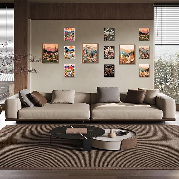 Colorful Nature Floral Wall Art Set of 3 12x16in Wood Framed, with 9 Bonus 8x10in Poster Art Prints, Boho Retro Wildflower Landscape Artwork Wall Decor for Living Room Bedroom Home Decor