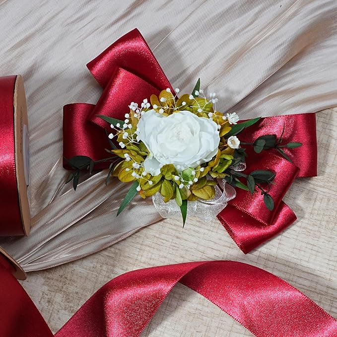 LaRibbons Burgundy Satin Ribbon 1 1/2 Inch 50 Yards, Luxury Double Faced Red Silk Ribbon for Flower Bouquet Crafts Gift Wrapping Wedding Bow Christmas Decoration
