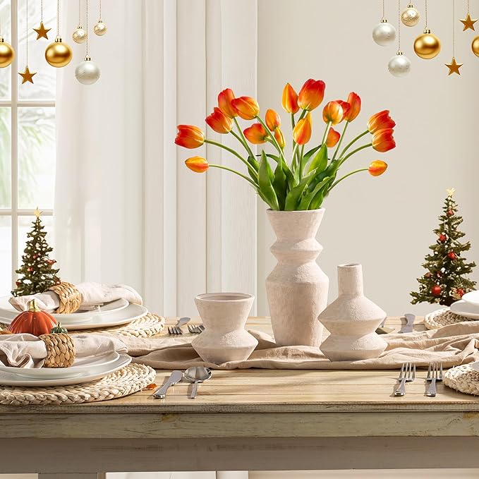 Ceramic Vase Home Table Decor - White Flower Vase Set of 3 Living Room Kitchen Decorations Farmhouse Modern Rustic Vases Decorative Centerpiece for Shelf Bedroom Office Bathroom Dining Coffee Desk