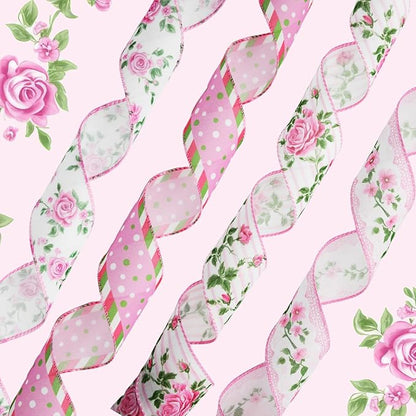 4 Rolls Pink Rose Floral Wired Edge Ribbon – 2.5 Inch, 5 Yards Each, Summer Grosgrain Set for Wedding Decor, Gift Wrapping, DIY Crafts, Mother's Day Gift