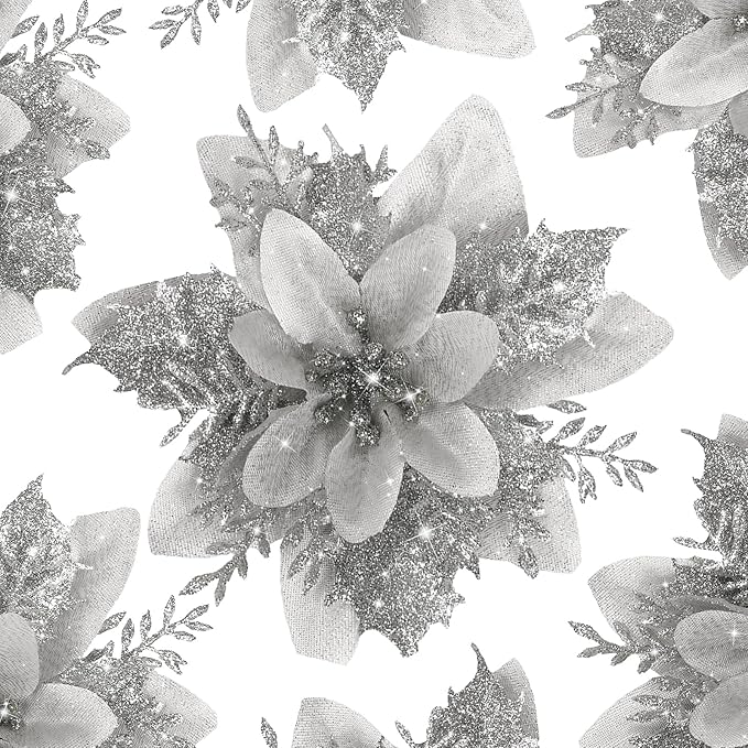 24 PCS Poinsettia Flower Artificial Silver Christmas Flowers Artificial 5.5'' Glitter Poinsettias Artificial Christmas Tree Flower with Clips DIY Xmas Wreath Holiday New Year Home Party Decor