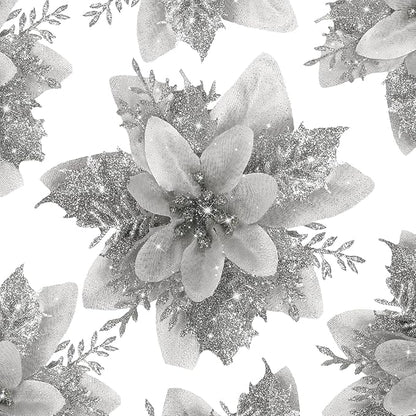 24 PCS Poinsettia Flower Artificial Silver Christmas Flowers Artificial 5.5'' Glitter Poinsettias Artificial Christmas Tree Flower with Clips DIY Xmas Wreath Holiday New Year Home Party Decor