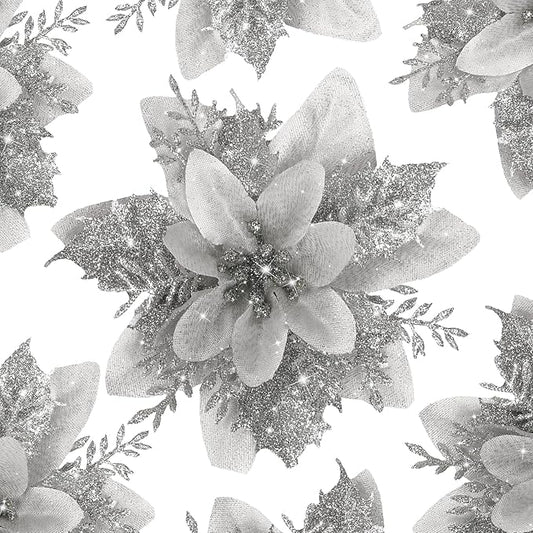 24 PCS Poinsettia Flower Artificial Silver Christmas Flowers Artificial 5.5'' Glitter Poinsettias Artificial Christmas Tree Flower with Clips DIY Xmas Wreath Holiday New Year Home Party Decor