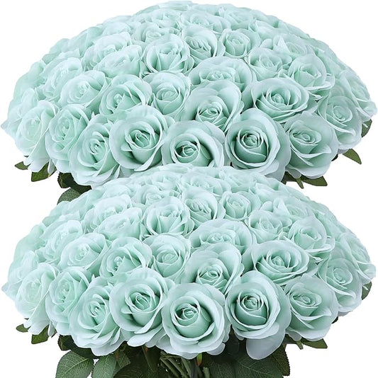 50pcs Sage Green Roses Artificial Flowers Real Touch Fake Flowers with Long Stems Silk Flowers for Wedding Bouquet Centerpices Decorations Party Bridal Baby Shower Home Decor
