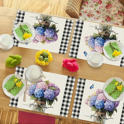 Farmhouse Hydrangea Placemats Set of 4, Country Sunshine Flowers Place Mats, Rustic Spring Butterfly Dining Table Mats, Washable Placemats for Kitchen Dining Room 18L'' × 12W''