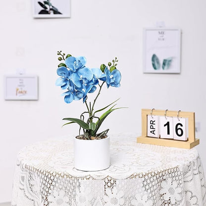 Jusdreen Artificial Blue Orchid in Ceramic Pot, Realistic Phalaenopsis Arrangement with Potting for Home Office Table Decor, 14.5 Inch Flower Centerpiece
