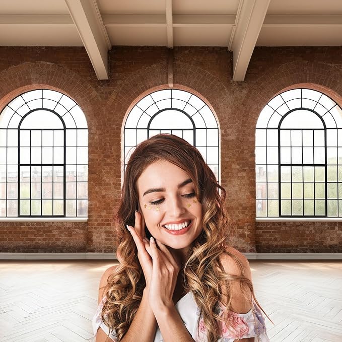 Large Empty Room Backdrop Concrete Walls Wooden Floor with Big Arched Windows Photography Background Empty Loft Style with Brick Wall Photography Decorations Photo Booth Shoot Studio Props 12x8ft