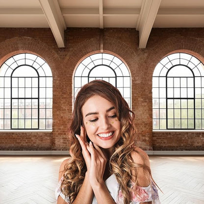 Large Empty Room Backdrop Concrete Walls Wooden Floor with Big Arched Windows Photography Background Empty Loft Style with Brick Wall Photography Decorations Photo Booth Shoot Studio Props 15x10ft