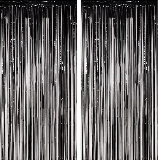 2 Pack Black Foil Fringe Backdrop Curtains, Tinsel Streamers Birthday Party Decorations, Fringe Backdrop for Graduation, Baby Shower, Gender Reveal, Disco Party