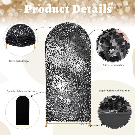 Fanqisi Big Payette Sequin Arch Covers: 6.6FT Arch Backdrop Covers Black Shimmer Fabric Cover for Party Halloween Decorations