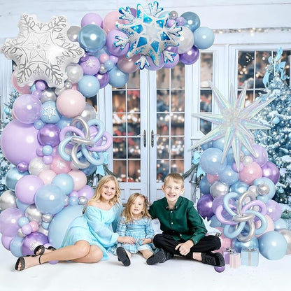 Winter Wonderland Balloon Arch Garland Kit, Snowflake Blue Pink Purple Silver White Balloons Snowflake Star Foil Balloon for Holiday Snow Princess Xmas Christmas Baby Shower Birthday Party Decorations