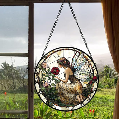 Stained Glass Window Hanging - Butterfly Flower Fairy Suncatcher for Door Terrace Garden Home Decor Yellow Green Plants Sun Catcher Birthday Gifts for Lovers Women Men Dad Mom Nana 6.3 in