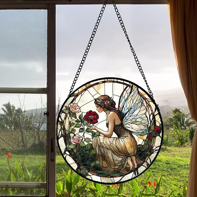 Stained Glass Window Hanging - Butterfly Flower Fairy Suncatcher for Door Terrace Garden Home Decor Yellow Green Plants Sun Catcher Birthday Gifts for Lovers Women Men Dad Mom Nana 9.8 in