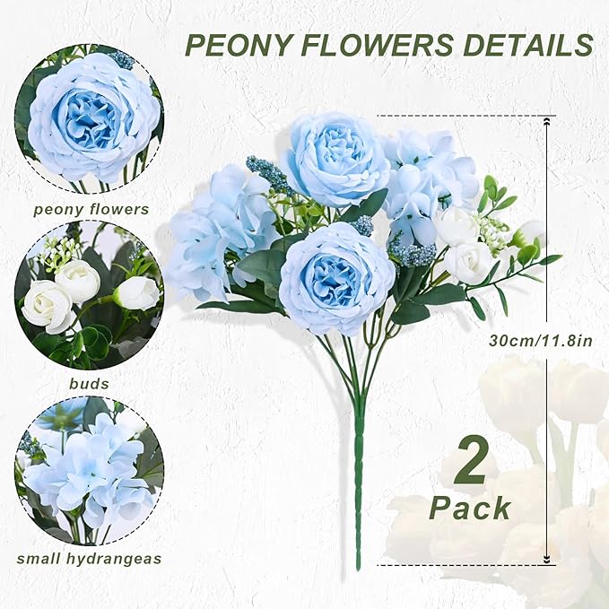 MARTINE MALL 2 Packs Peonies Artificial Flowers, Blue Artificial Peonies, Silk Peonies Flowers Fake Peonies Artificial Flowers Peonies Bouquet for Centerpiece Table Wedding Party Home Decor