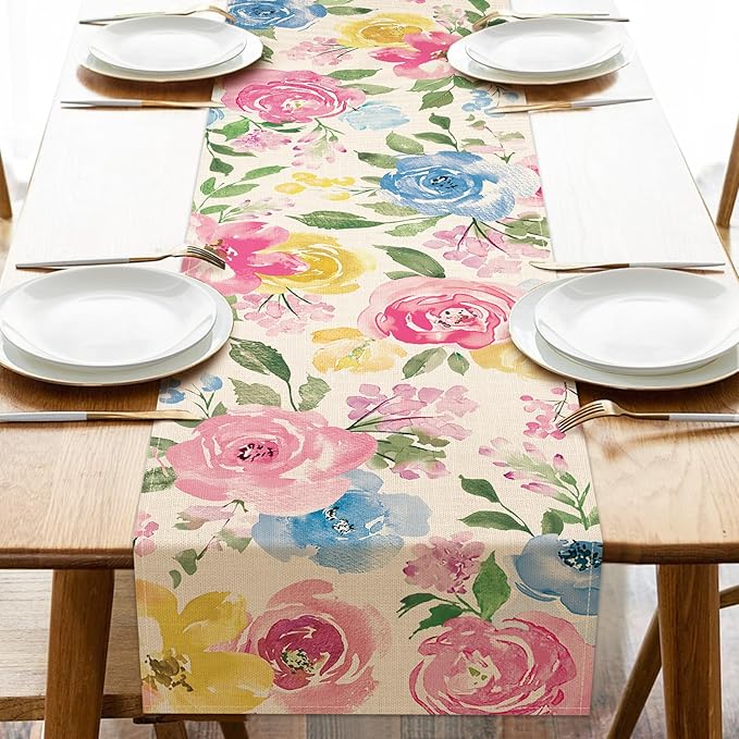 Seliem Spring Summer Watercolor Flower Table Runner, Peony Floral Kitchen Dining Table Decor, Seasonal Burlap Home Decoration Indoor Outdoor Party Supply 13 x 90 Inches