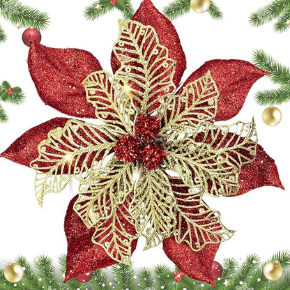 9'' Large Christmas Poinsettia Flowers, 4 Pcs Red Gold Glitter Artificial Christmas Tree Ornament Flowers Decorations with Clips for Xmas Tree Wreath Garland Wedding Party DIY Decor