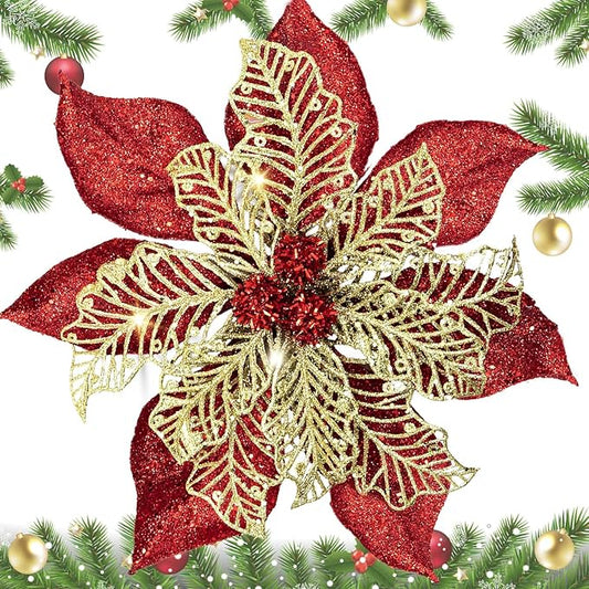 9'' Large Christmas Poinsettia Flowers, 4 Pcs Red Gold Glitter Artificial Christmas Tree Ornament Flowers Decorations with Clips for Xmas Tree Wreath Garland Wedding Party DIY Decor