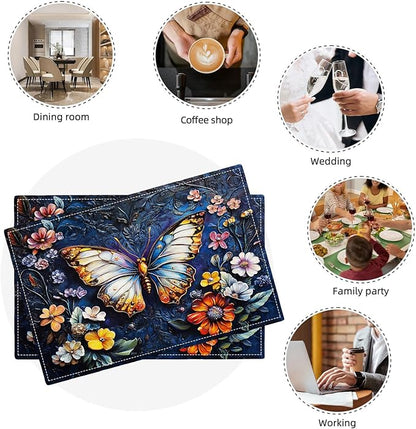 Colorful Butterfly Placemats Set of 4, Spring Place Mats, Florals Dining Table Mats, Rustic Washable Placemats for Kitchen Dining Room Home Decor 18L'' × 12W''