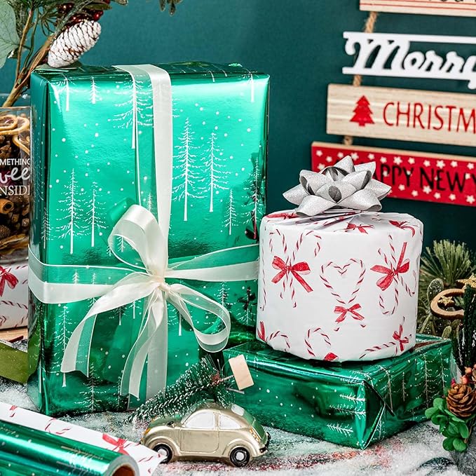 MAYPLUSS Green Christmas Wrapping Paper - 17 Inch X 33 Feet - Reversible Cute Bow Candy Cane Christmas Gift Wrapping Paper, Metallic Foil Thick Gift Wrap Paper for Holiday Party New Year Kids