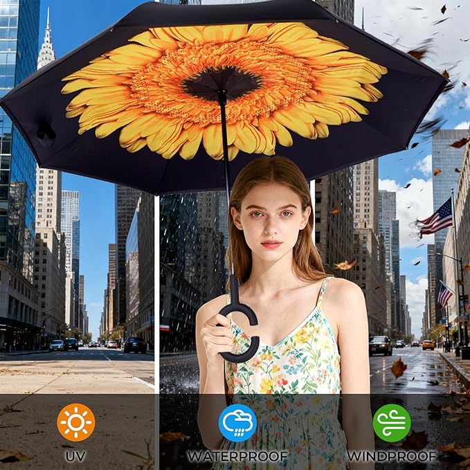 Inverted Umbrella, 49 Inch Double-Layer Vented Reverse Umbrella, Windproof Waterproof UV Protection, Lightweight C-Handle, Fiberglass Ribs, Steel Shaft, Travel/Commute/Car Use, With Sleeve