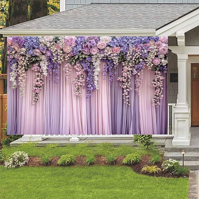 8x6ft Purple Flower Wedding Photography Backdrop Lavender Floral Wedding Bridal Photography Backdrop Anniversary Birthday Baby Shower Girl Party Banner Photo Booth Props Background Wall Decor