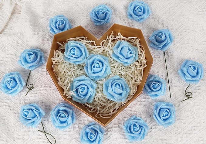 Light Blue Roses Artificial Flowers - 30 PCS, 2.17 in Blue Glitter Roses, Foam Flowers with Stem for DIY Wedding Bridal Bouquet, Party Centerpieces Decor