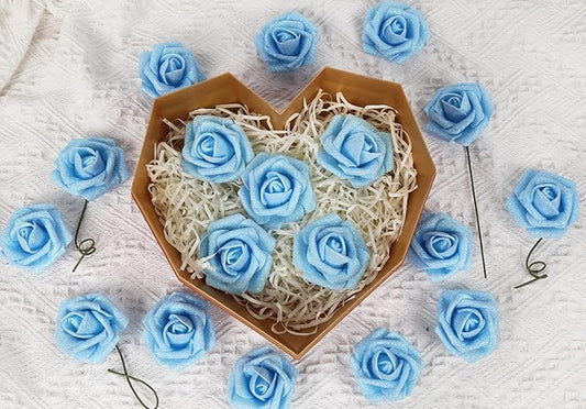 Light Blue Roses Artificial Flowers - 30 PCS, 2.17 in Blue Glitter Roses, Foam Flowers with Stem for DIY Wedding Bridal Bouquet, Party Centerpieces Decor