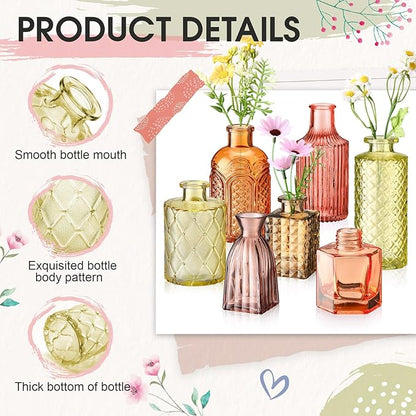 Yaomiao 30 Pcs Vases Bulk Colored Flower Glass Christmas Vases Bud Vintage Colored Glass Bottles Colorful Rustic Embossed for Home Wedding Table Decorations Gifts(Orange Yellow Series)