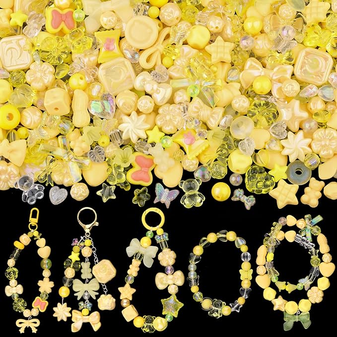 Assorted Acrylic Beads, 200-260PCS Yellow Cute Beads for Bracelet Making, GummyBear Bow Flower Candy Kawaii Charms for Jewelry Making DIY Necklace Keychain Phone Charm Christmas Gift