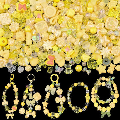 Assorted Acrylic Beads, 200-260PCS Yellow Cute Beads for Bracelet Making, GummyBear Bow Flower Candy Kawaii Charms for Jewelry Making DIY Necklace Keychain Phone Charm Christmas Gift